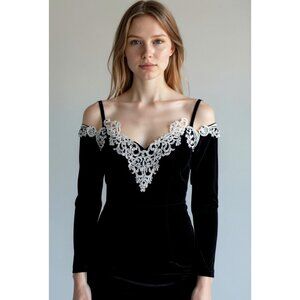 Vintage Cachet Barry Protas Black Velvet & Lace Long Formal Gown Dress Size 9/10